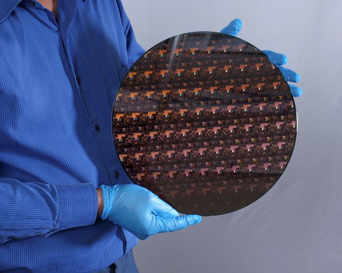 Een wafer die de kleine microchips van 2 nm bevat.