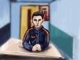 Rechtbanktekening van Yavuz O., die via een videoverbinding vanuit de gevangenis zijn rechtszaak bijwoonde.