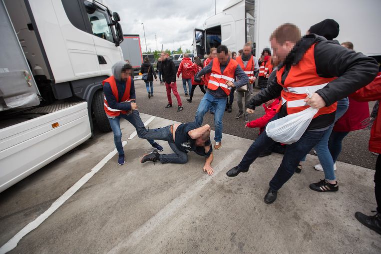 Een vrachtwagenchauffeur en vakbondsmilitanten raakten slaags aan het distributiecentrum van Lidl in Genk. Beeld HLN