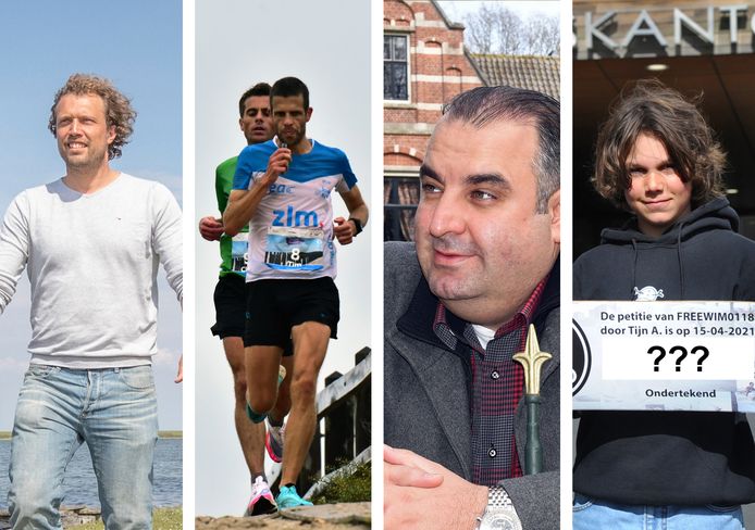 Vier bekende gezichten uit 2021: boer Bastiaan van 't Westeinde, Tim Pleijte, Salar Azimi en Tijn Anderson.