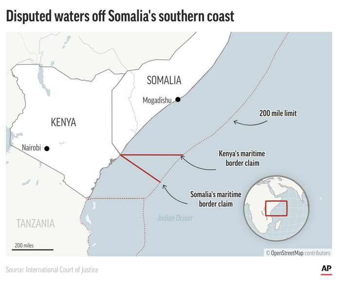 De Somalisch-Keniaanse kustlijn en het gebied waar het conflict over gaat. Kenia zegt de beslissing van het Internationaal Gerechtshof te verwerpen.