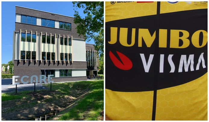 Het kantoor van Ecare in Enschede en rechts het logo van JumboVisma, de succesvolle wielerploeg waar Visma zijn naam aan heeft verleend.
