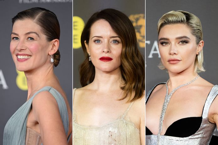 V.l.n.r. actrices Rosamund Pike, Claire Foy en Florence Pugh op de BAFTA Film Awards 2024 in Londen afgelopen weekend.