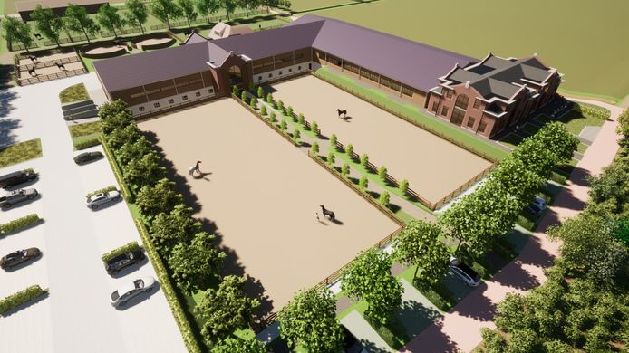 Zo moet de nieuwbouw van manege de Wolf van Dominique D'Hoore-van der Horst en haar man Brecht D'Hoore bij Huijbergen eruit komen te zien.