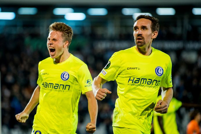 Gent's Matisse Samoise and Gent's Sven Kums celebrates after scoring during a match between Serbian club FK Partizan and Belgian club KAA Gent, Thursday 21 October 2021 in Belgrade, Serbia, on the third day of the UEFA Conference League group stage, in group B. BELGA PHOTO JASPER JACOBS