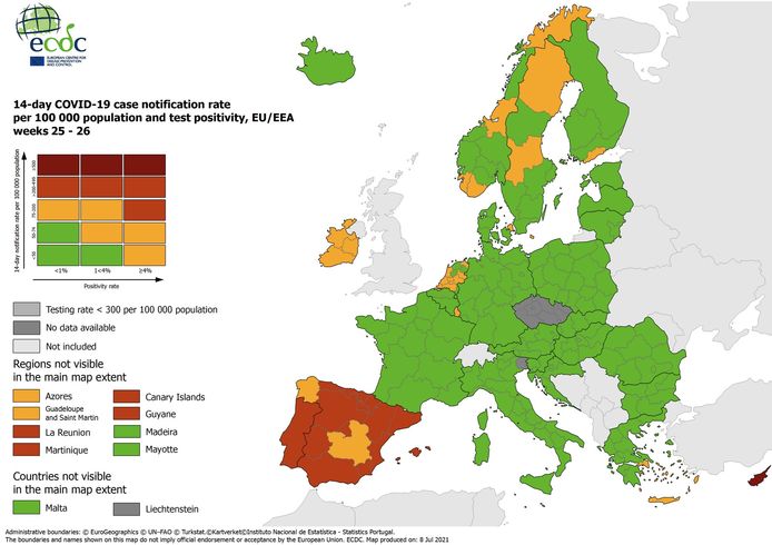 I Paesi Bassi sono ancora per lo più arancioni sulla mappa della Corona europea con un po' di verde, ma è probabile che la situazione cambi la prossima settimana.