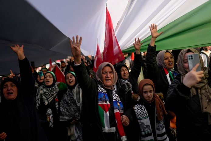 Grote betoging als steun aan de Palestijnen, met de Palestijnse vlag en de omstreden leus ‘from the river to the sea’.