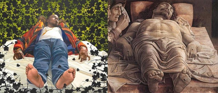Kehinde Wiley's Christus (2008) en Andrea Mantegna's Christus (circa 1480) Beeld .