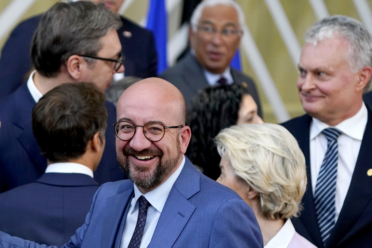 Charles Michel in juni tijdens een meeting met de Balkan-leiders in Brussel.  Beeld Getty Images