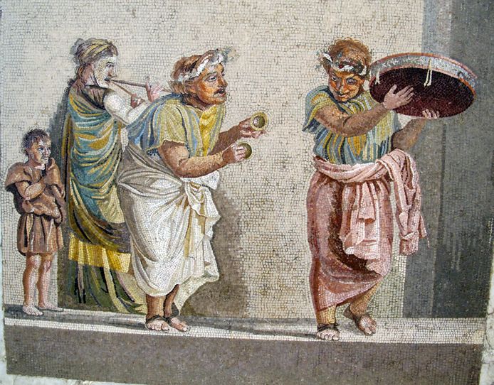 Muzikanten op een mozaïek uit Pompei.