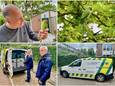 Linksboven wijkagent Rob Doorneveld met de door hem geredde halsbandparkiet.