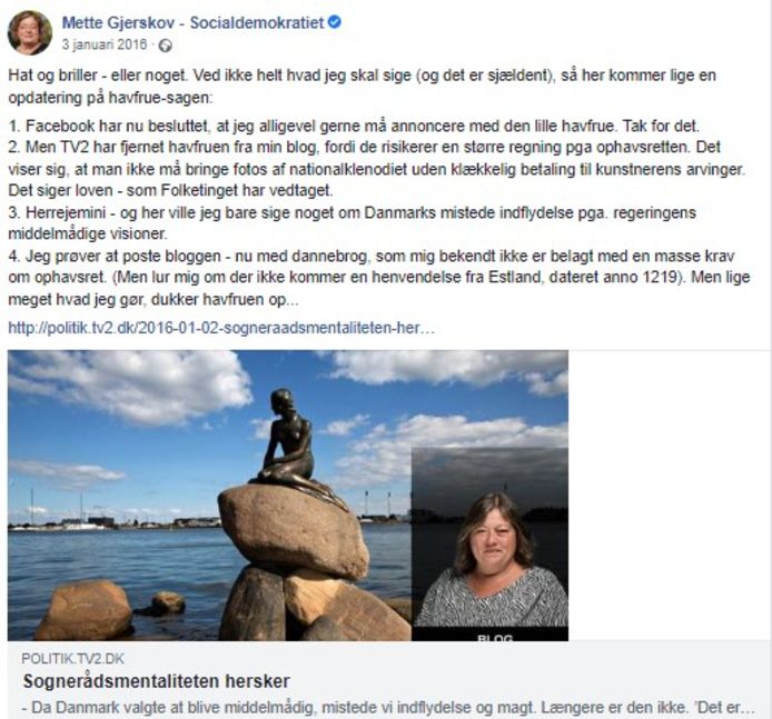 Het Facebookbericht van de Deense politica Mette Gjerskov.