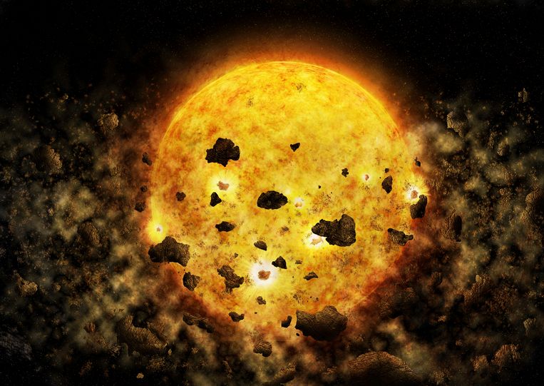 Een illustratie die RW Aur A voorstelt, op 450 lichtjaar van de Aarde.