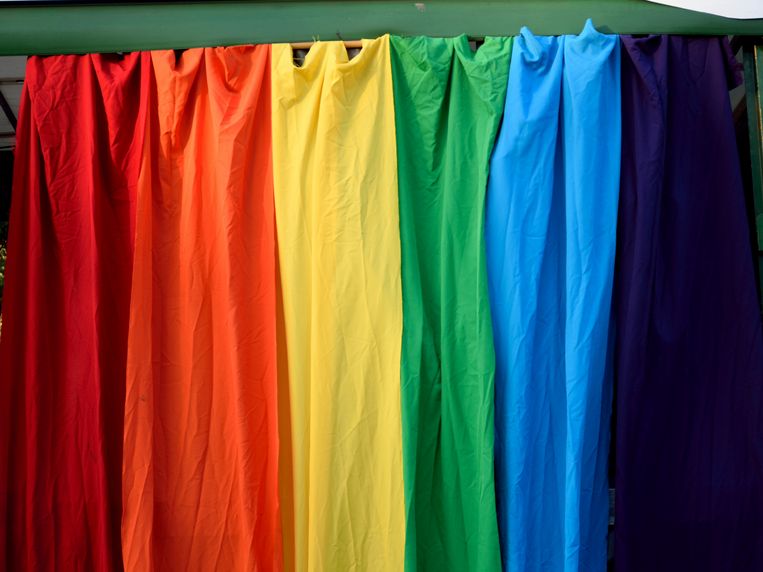 Lezer Miró Baatenburg de Jong hing de regenboogvlag op nadat in augustus 2021 in Bos en Lommer een brand werd aangestoken in een studentenflat waar regenboogvlaggen hingen. Beeld Getty Images