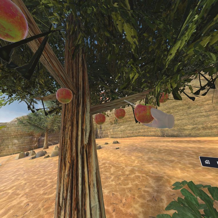 Een virtualrealityspel waarin je fruit moet plukken. Hoe hoger de tak, hoe hoger de beloning. Het wordt ingezet voor covidpatiënten die aan hun herstel werken.  Beeld SYNCVR