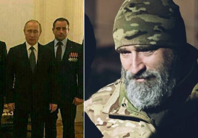 Wagner-commandant Aleksandr Koeznetsov in 2016 met Poetin (links) en recent aan het front in Bachmoet