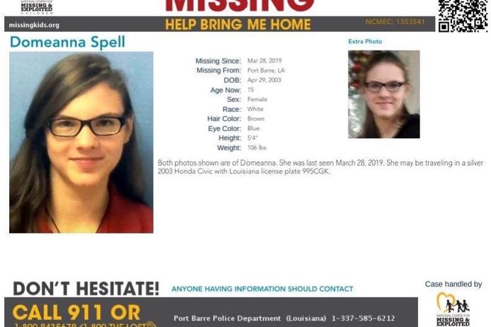 Domeanna Spell (15) uit Louisiana is sinds donderdag vermist.