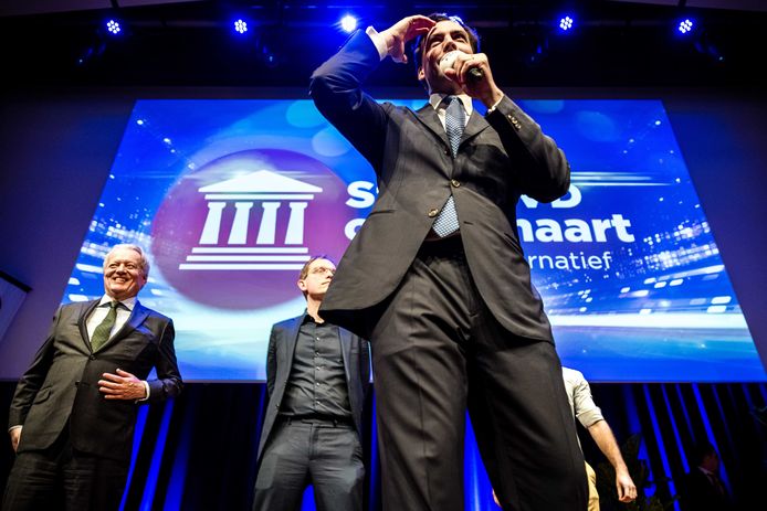 Een bijeenkomst van Forum voor Democratie tijdens de campagne voor de Provinciale Statenverkiezingen. Op de voorgrond partijleider Thierry Baudet.