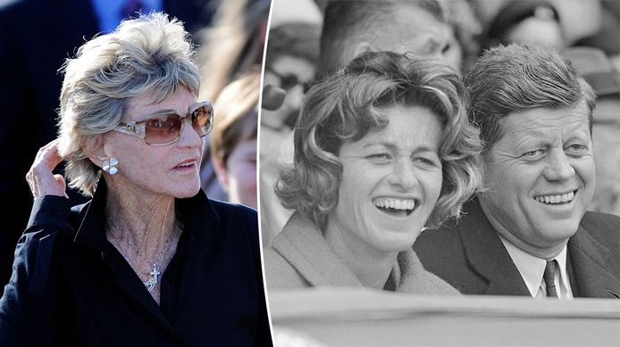 Jean Kennedy Smith bij de begrafenis van haar broer Edward in 2009. Rechts met haar bekende broer JFK in 1961.