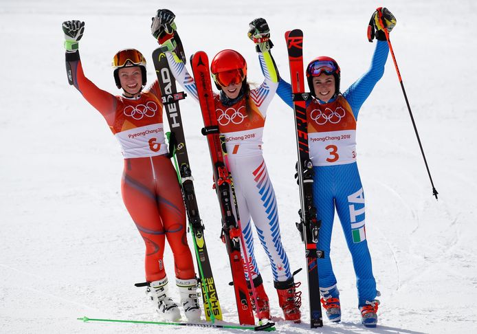 De top-3, vlnr: Ragnhild Mowinckel, Mikaela Shiffrin en Federica Brignone.