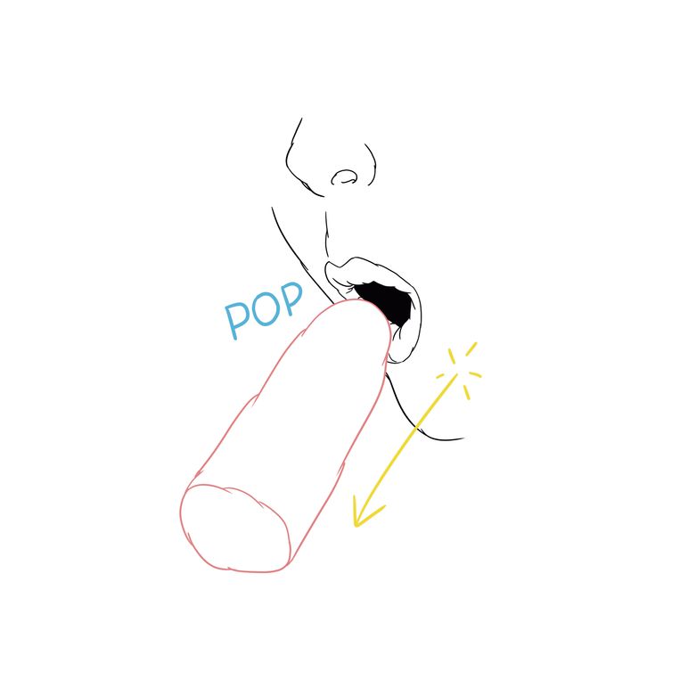 'Pow Blop Wizzzz': steek de penis in je mond en terwijl je hem uit je mond laat glijden, zuig je hem tegelijk naar binnen. ‘Pop’ zegt hij, terwijl hij uit je mond schiet. Herhaal zo vaak je wilt. Beeld June Pla