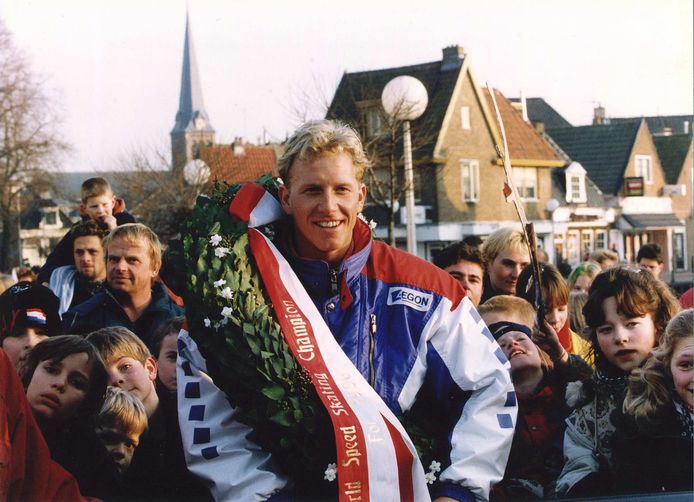 Rintje Ritsma bij zijn huldiging in Lemmer na zijn wereldtitel in 1995.