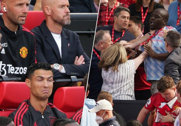 Links: Ten Hag kijkt machteloos toe, terwijl Cristiano Ronaldo er duidelijk het zijne van denkt.
Rechts: de fans van de Engelse topclub gingen onderling op de vuist.