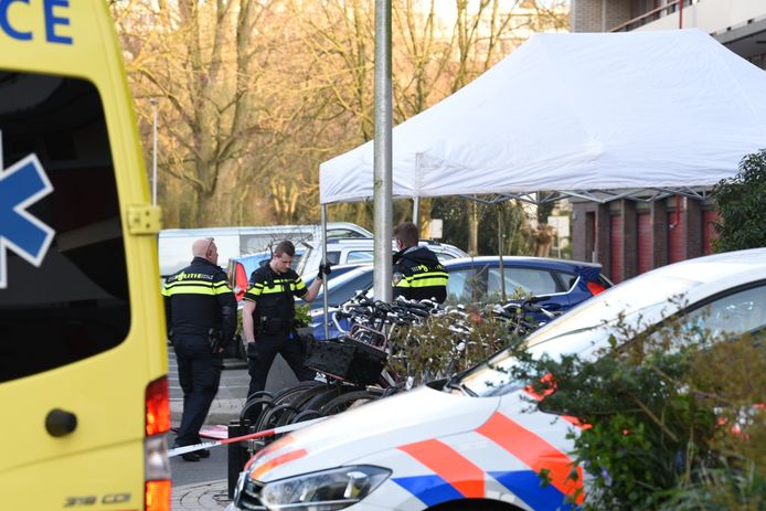 Het slachtoffer ligt voor de flat aan de Korfoedreef.