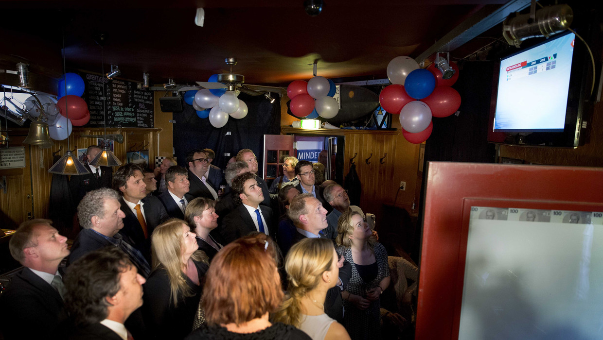 PVV'ers kijken naar de exitpolls van de verkiezingen voor het Europees Parlement in Café Nelson. Beeld anp
