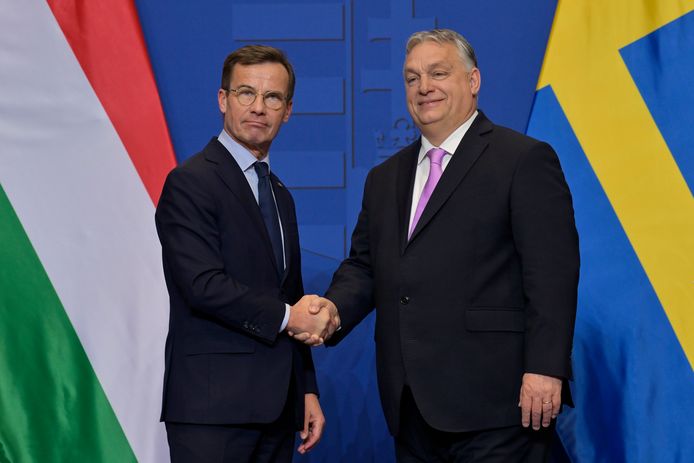 Hongarije lag lang dwars bij de Zweedse wens. De Hongaarse premier Viktor Orbán (rechts) had onder meer grote moeite met de kritiek van de Zweden op de democratische gang van zaken in zijn land.