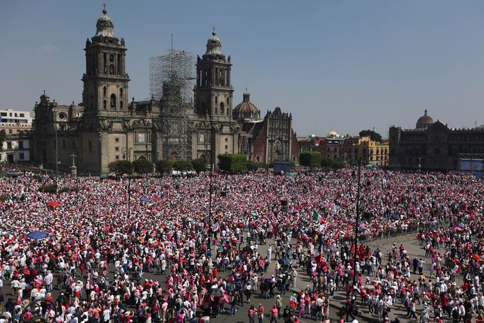De demonstranten op het Zócalo, het centrale plein in Mexico-Stad.