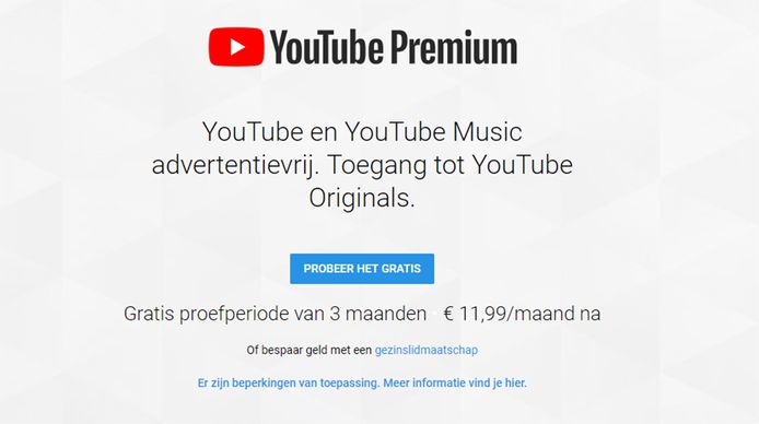 Je kan YouTube Premium (inclusief YouTube Music)  eerst 3 maanden gratis uitproberen, daarna kost de dienst 11,99 euro per maand.