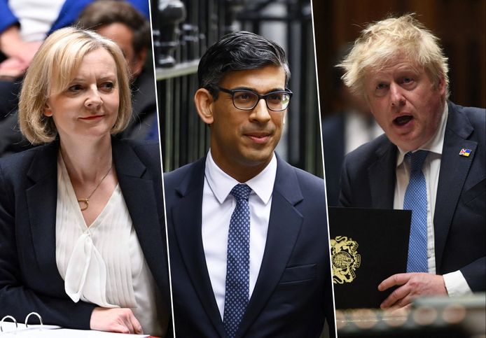 Oud-premier van het Verenigd Koninkrijk Liz Truss / huidige premier Rishi Sunak / oud-premier Boris Johnson.