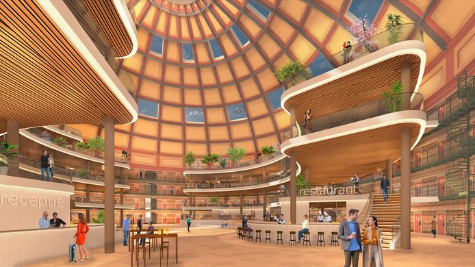 Artist’s impression van de toekomstige ontvangstruimte van De Koepel in Arnhem als hotel, met links de receptie en rechts het restaurant.