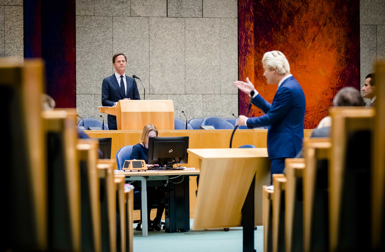  Premier Mark Rutte in debat met Geert Wilders (PVV) tijdens het debat over het afschaffen van de dividendbelasting.  Beeld ANP