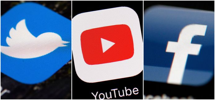 De logo's van Twitter, YouTube en Facebook.