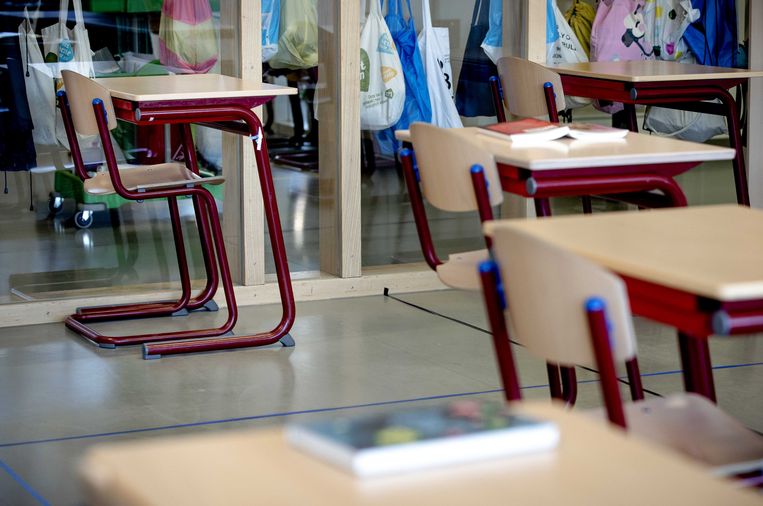 Tafels staan 1,5 meter uit elkaar in een klaslokaal van een basisschool. Scholen mogen op 11 mei weer opengaan, met de nodige aanpassingen. Beeld ANP