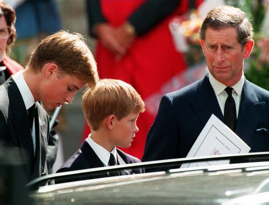 Harry met William en Charles tijdens de begrafenis van Diana.