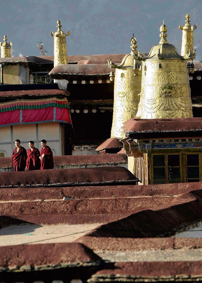 De Jokhang-tempel in volle glorie met de eeuwenoude, met goud bedekte Lhabum Lubum-'vazen' op het dak. Foto EPA/ADRIAN BRADSHAW