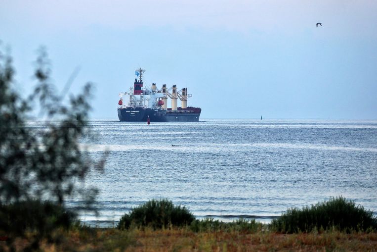 Een graantransport verlaat de haven van Odessa. VN-chef Guterres is vandaag in Oekraïne voor een overleg over de voedselexport. Beeld AP