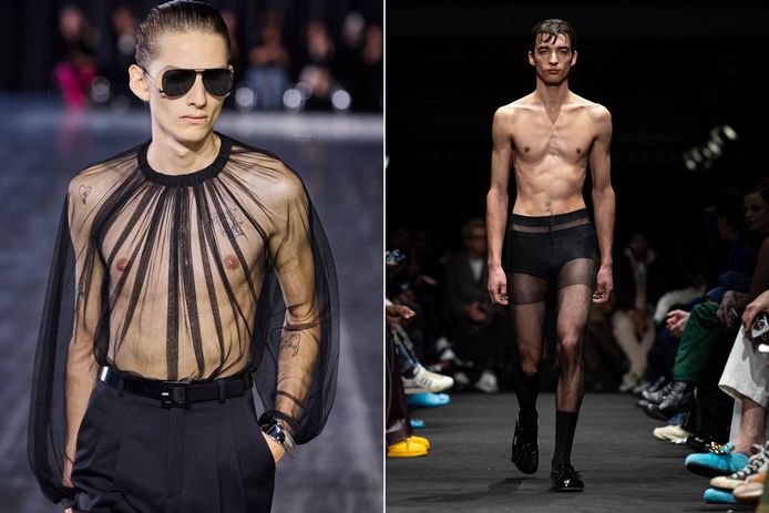 Links: mannelijk model op modeshow Saint Laurent. Rechts: JW Anderson in 2024.