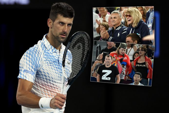 Novak Djokovic. Inzetjes: de vader en moeder van Djokovic (boven) en de fan met het Z-symbool (onder).