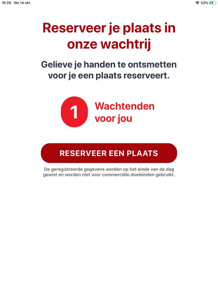 Het aanmeldingsscherm van de app 'De Virtuele Wachtrij’.