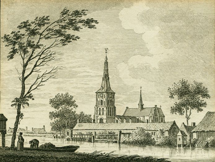 Ets3                                       zicht vanuit de Molenstraat over de Dommel tegen de achterkant van het klooster (wasserij) met rechts een trapje naar de Dommel om de was te spoelen