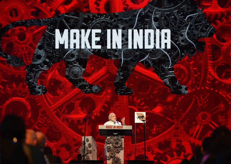 Premier Modi lanceerde in 2016 een promotiecampagne voor de Indiase industrie. Beeld AFP