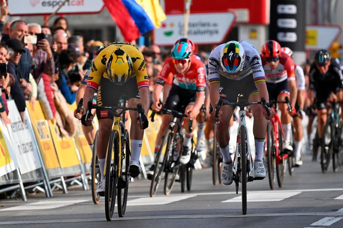 Sant Feliu de Gûxols - Spain - cycling - Primoz Roglic (SLO - Jumbo - Visma) - Remco Evenepoel (BEL - Soudal - Quick Step) pictured during 102nd Volta Ciclista a Catalunya (2.UWT) - stage 1  between Sant Feliu de Gûxols to Sant Feliu de Gûxols (164.5km) - Photo: Szymon Gruchalski/Cor Vos © 2023 © Photo News  ! only BELGIUM !