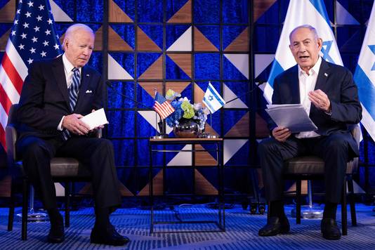 De Amerikaanse president Joe Biden en de Israëlische premier Benjamin Netanyahu. 