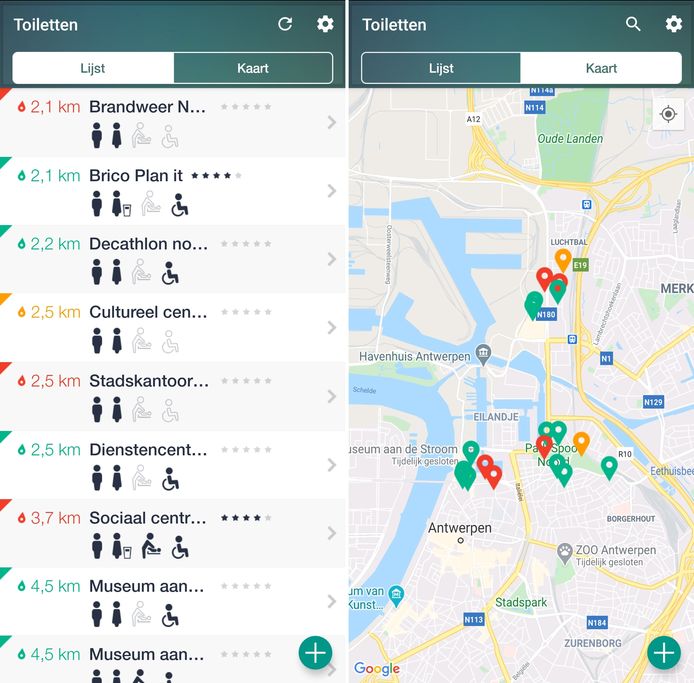 De Nederlandse app HogeNood brengt beschikbare openbare toiletten in de buurt in kaart.
