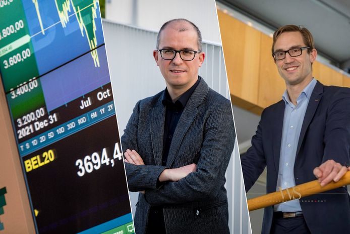 Ive Rosseel (links) van de ACV-studiedienst en Tom Simonts (rechts) van KBC over hoe bedrijven sinds 2018 voor 6,1 miljard eigen aandelen kochten, met op kop familie Frère.