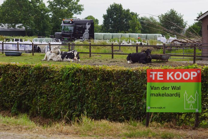 Een bord van de fictieve ‘Makelaardij Van der Wal’ op het erf van een boer. Voorlopig zal de boer echter geen makelaar op de stoep krijgen.